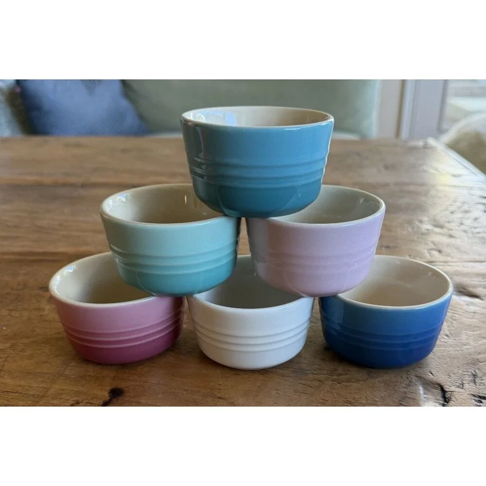 Le Creuset Stoneware Multicolor Set of 6 3.5oz Mini Ramekins Rose Q Mint NEW